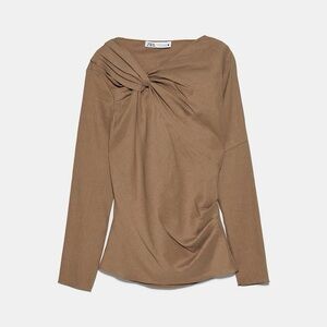 Zara tan brown linen blend top with knot detail size M
